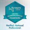 Surveyors Australia Certified Engineering Surveyor Framework logo with a teal shield and the tagline "Verified. National. Professional."