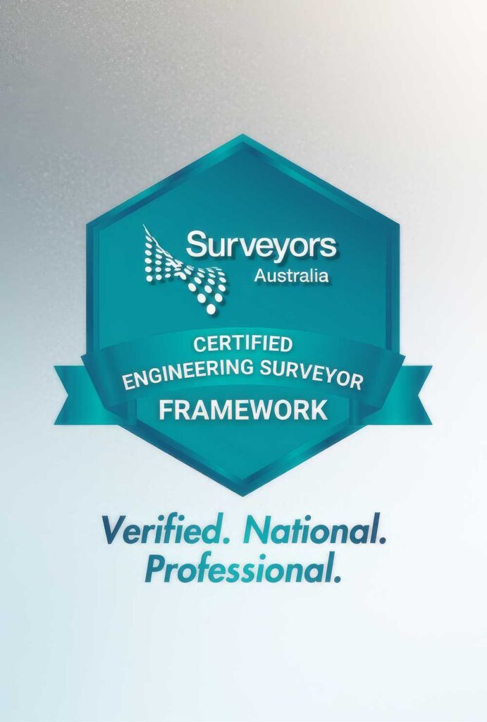 Surveyors Australia Certified Engineering Surveyor Framework logo with a teal shield and the tagline "Verified. National. Professional."
