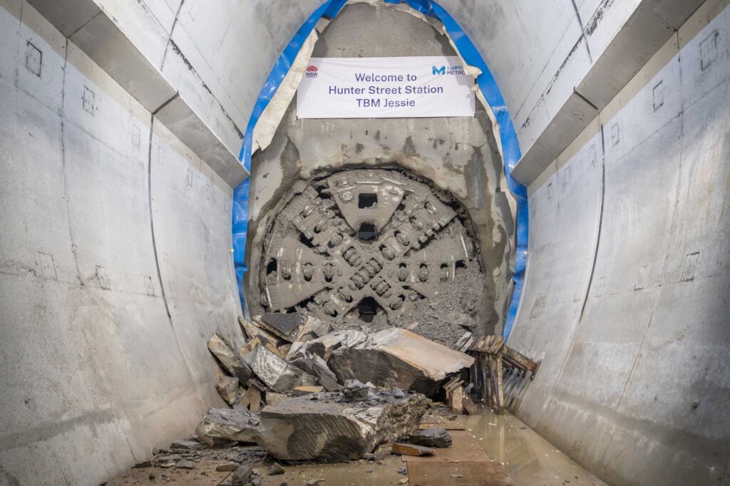 Tunnel Boring Machine with a sign saying "Welcome to Hunter Street Station TBM Jessie".